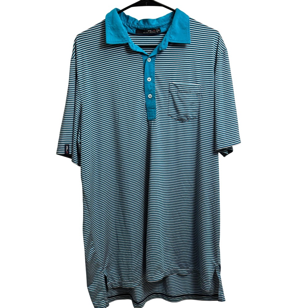 RLX Ralph Lauren Mens XL Striped Golf Polo Shirt Teal Navy Blue Pocket